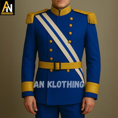Royal Blue Military Parade Uniform with Golden Accents – Custom Officer Dress Coat with Epaulettes, Sash & Belt – Historical Reenactment