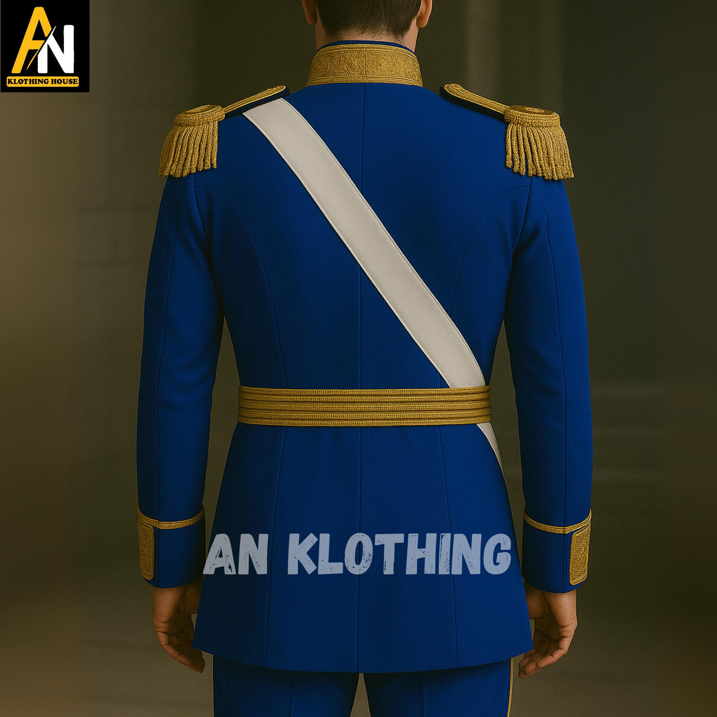 Royal Blue Military Parade Uniform with Golden Accents – Custom Officer Dress Coat with Epaulettes, Sash & Belt – Historical Reenactment