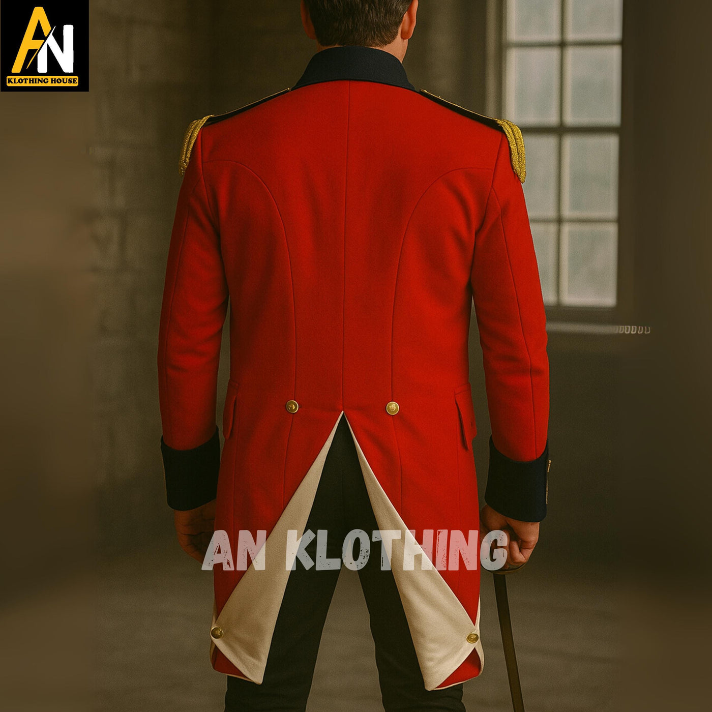 Men’s British Red Military Officer Coat – Regency Era Wool Coat with Gold Braids & Epaulettes – Historical Reenactment Costume -Regency Suit