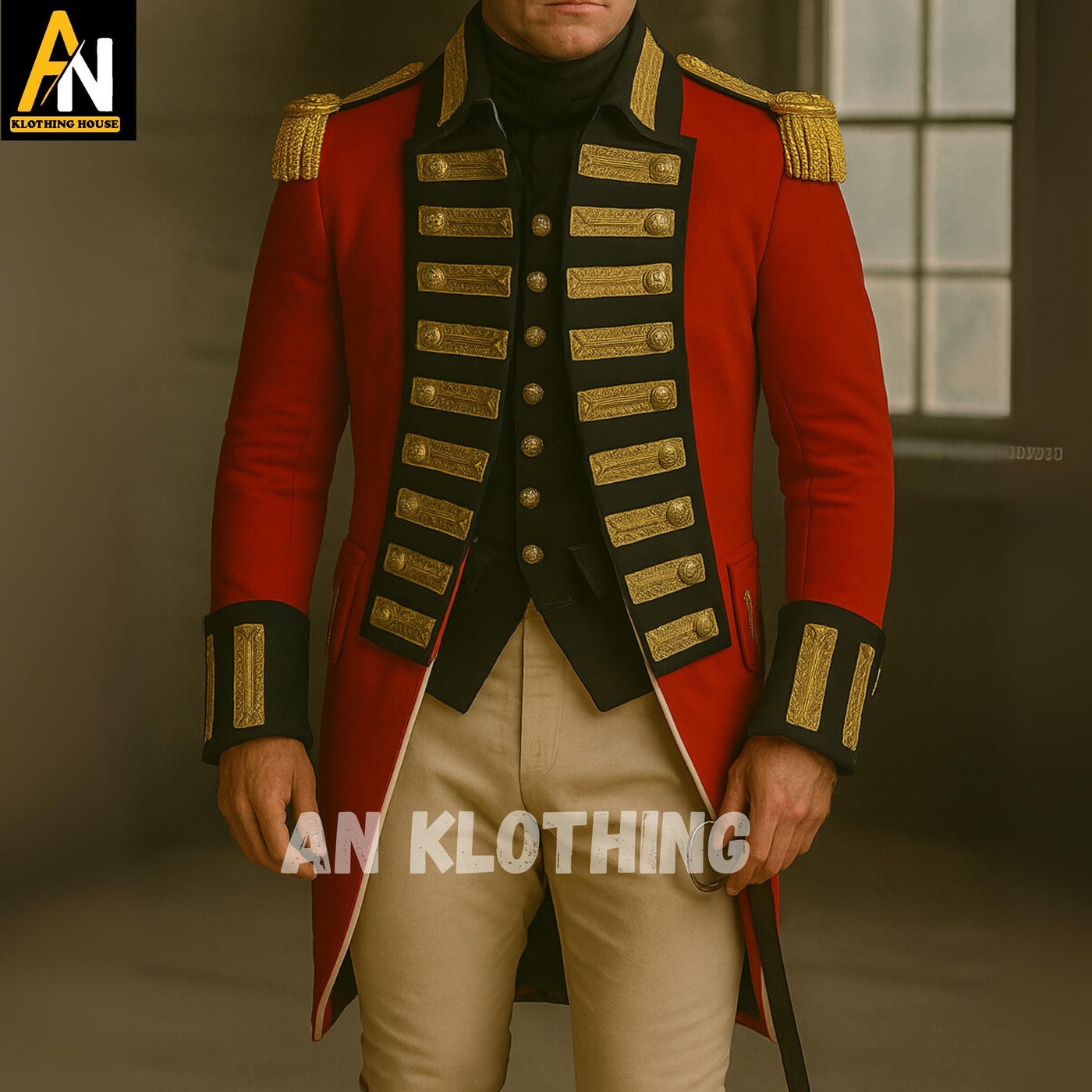Men’s British Red Military Officer Coat – Regency Era Wool Coat with Gold Braids & Epaulettes – Historical Reenactment Costume -Regency Suit